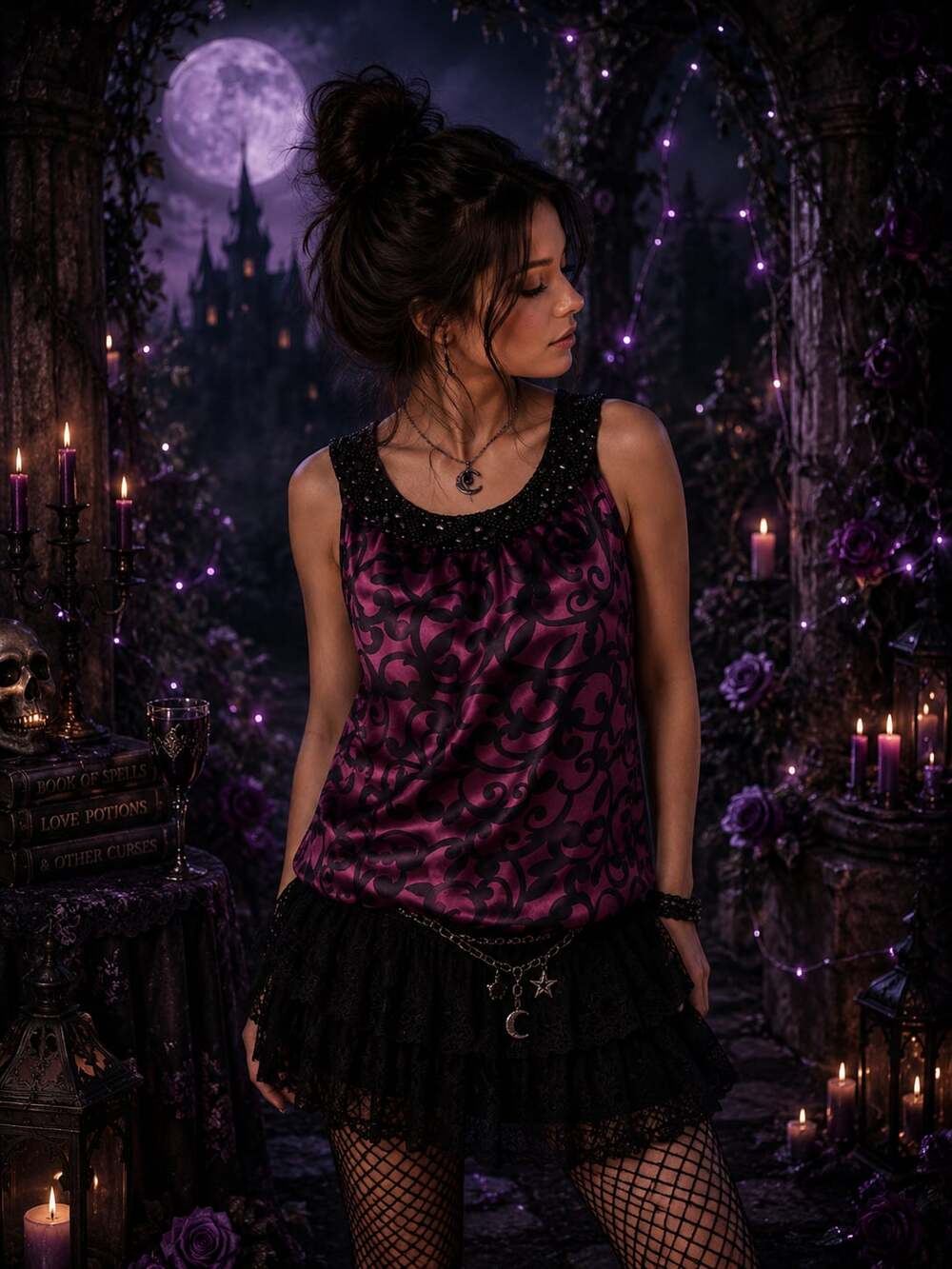 Apt. 9 Wns Beaded Neck Sleeveless Satin Tank Top Sz.XL Purple/Black/Damask
